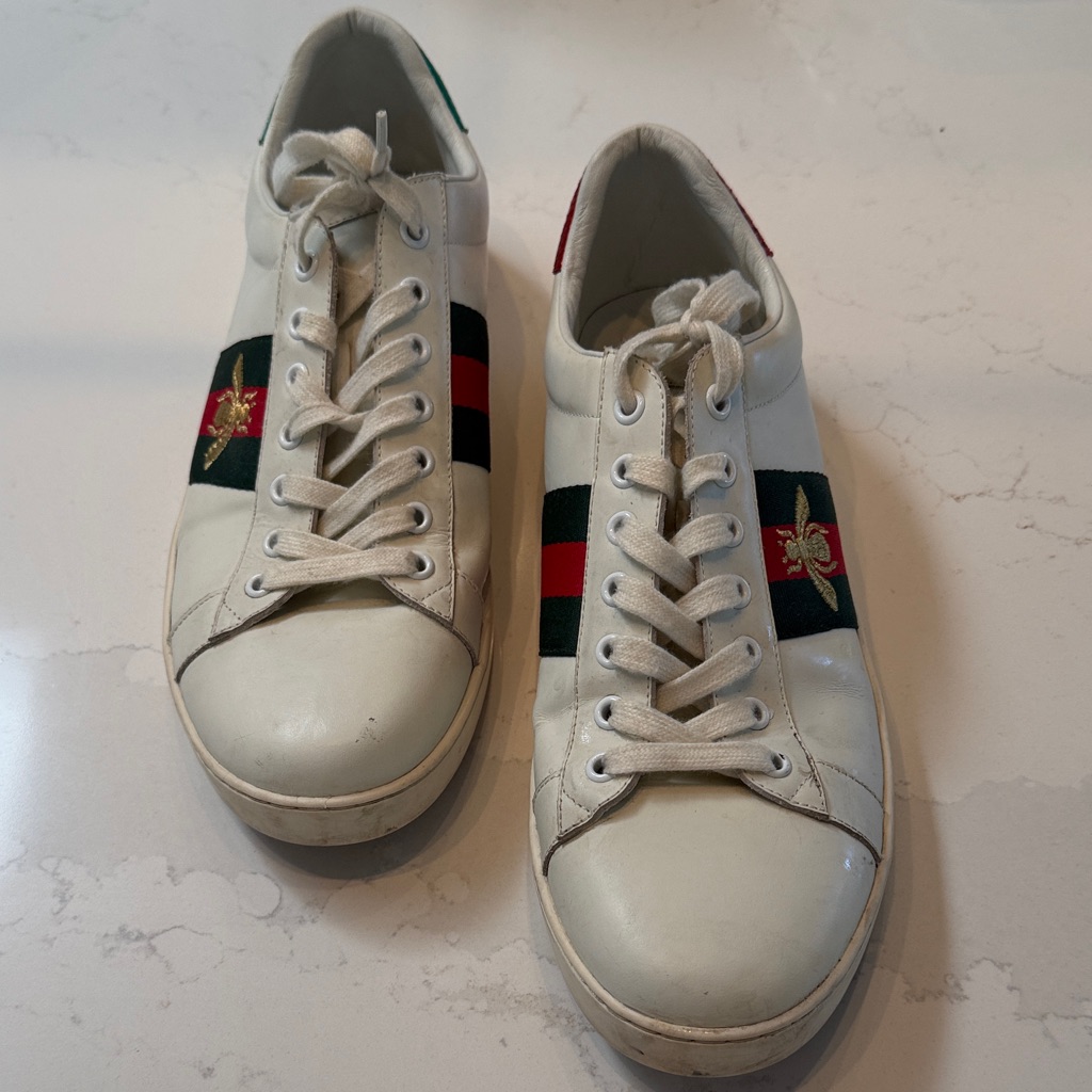 Gucci Ace Bee White Leather Sneakers With Red & Green Stripe Bee Accent